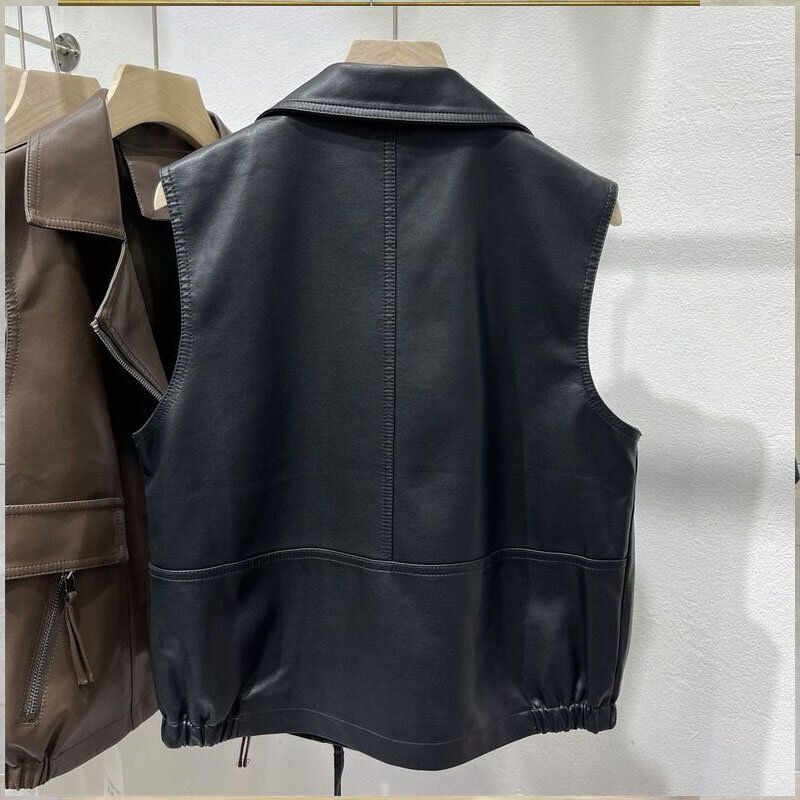 Jaqueta de couro PU feminina, jaqueta preta solta casual sem mangas, lapela, nova moda, outono, 2023