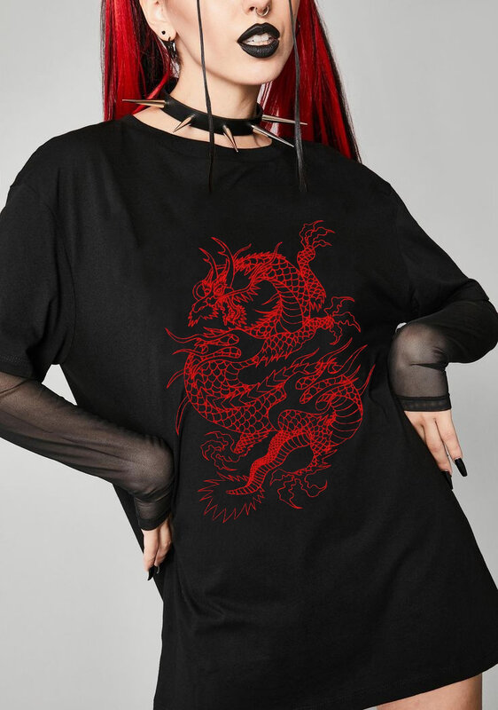 Dames T-Shirt Harajuku Y 2K Street Tops Harajuku Dragon Gotische Mythe Print Kleding Met Korte Mouwen Plus Size Losse Oversized T-Shirt