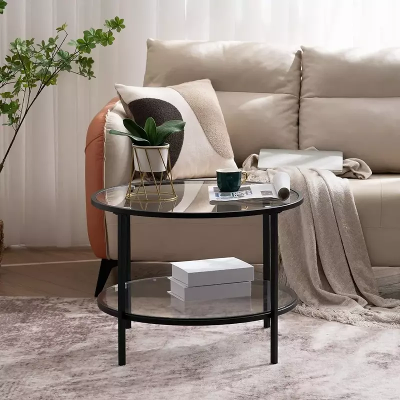 2-Tier Glass Top Coffee Table With Storage Clear Coffee Tables for Living Room Simple & Modern Center Table for Small Space Café