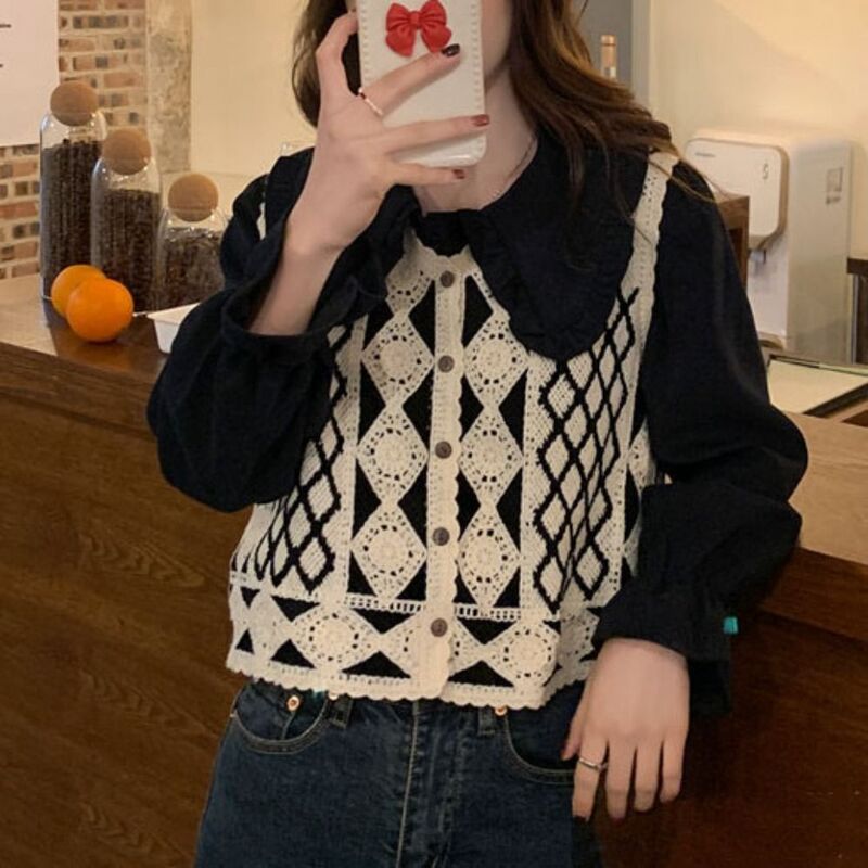 Embroidery Hollow Out Crochet Crop Top Vest Cardigan Lattice Knitted Lace Sweater Vest Korean Style Stripe Jumpers Waistcoat Top