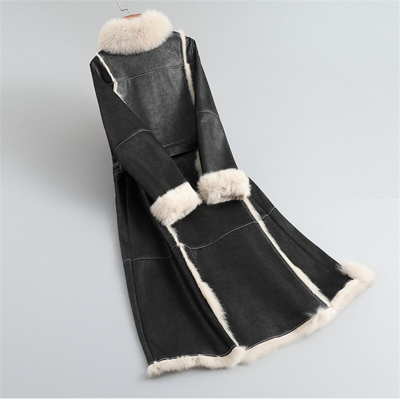 Женское пальто из кроличьего меха, новинка 2023, зимняя облегающая теплая куртка средней длины с воротником из лисьего меха, роскошная парка JT451