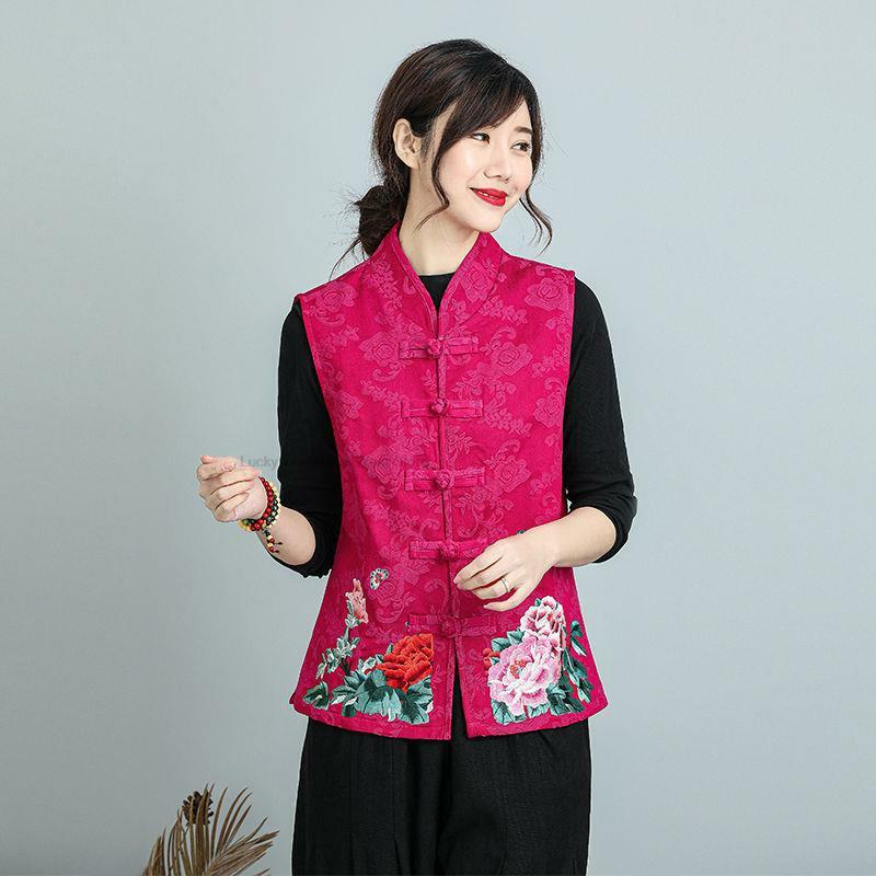 Pakaian tradisional Cina Hanfu Tang setelan rompi wanita bordir bunga tanpa lengan Hanfu rompi katun Linen rompi mantel atas P1