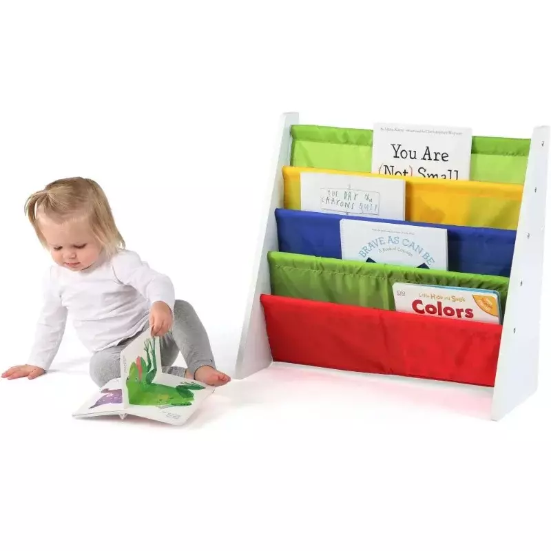 Kids Book Rack with Fabric Sling Sleeves, Primary/White