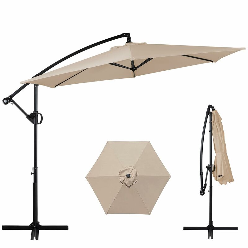 Patio Offset Umbrella w/Easy Tilt Adjustment,Crank and Cross Base, Outdoor Cantilever Hanging Umbrella,  Khaki