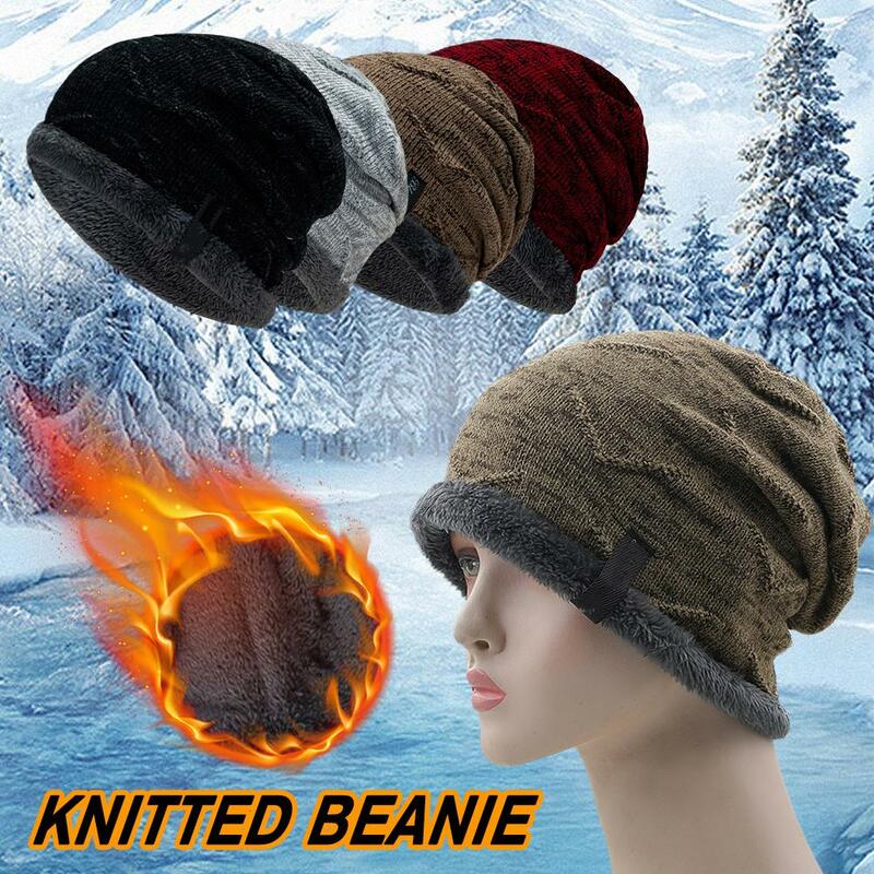 Topi Beanie rajut pria, topi Beanie rajut bulu hangat musim dingin, topi Ski Slouchy hangat, topi Beanie rajut