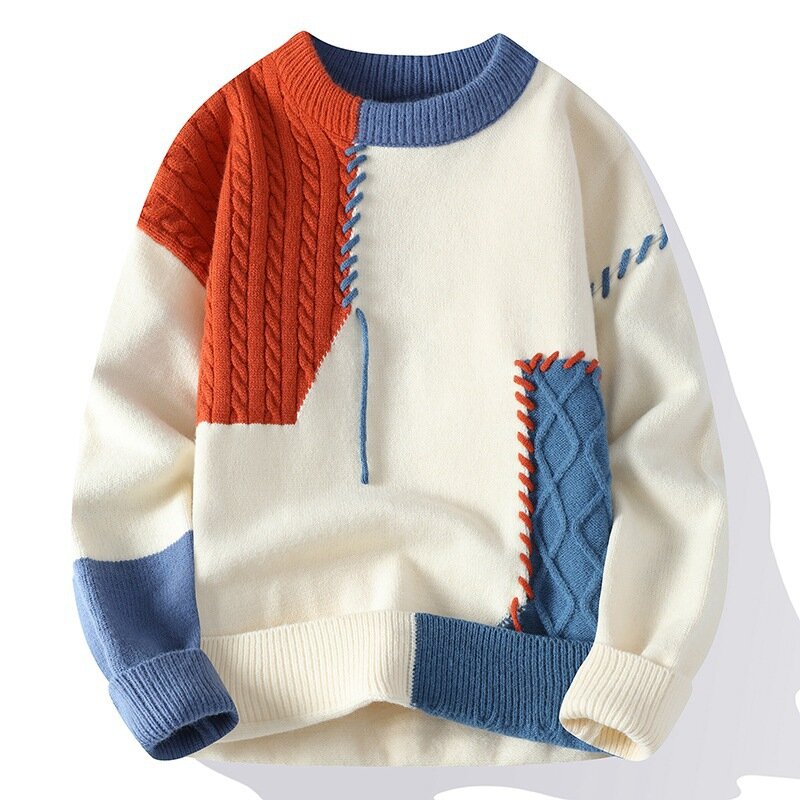 Осенне-зимние теплые мужские вязаные свитера, модные Лоскутные вязаные пуловеры с круглым вырезом, корейский уличный пуловер, повседневная мужская одежда