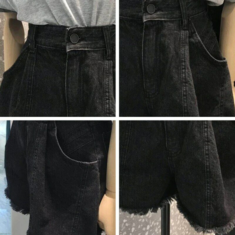 Czarne jeansowe szorty dla kobiet 2024 Summer New High Waist Loose Raw Edge Wide Leg Pants Oversized Versatile Slim Hotpants S-5XL