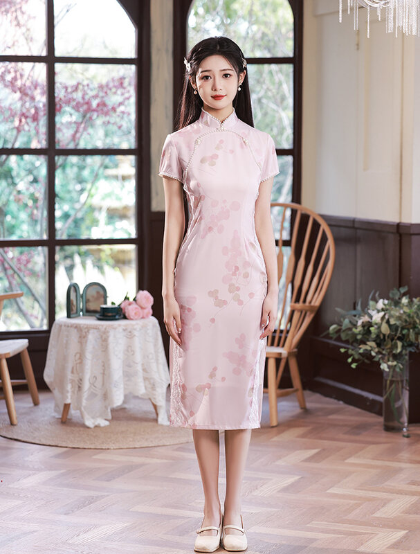 Estilo chinês rosa impressão mandarin collar miçangas rendas qipao feminino vintage clássico alta divisão cheongsam
