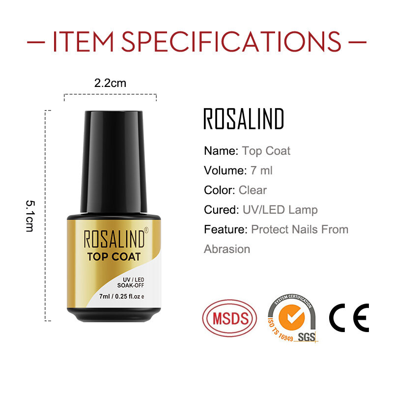 Базовое и топовое покрытие ROSALIND 7 мл, Гель-лак для ногтей, прозрачный праймер для ногтей, Полупостоянный Гель-лак для дизайна ногтей, удаляемый замачиванием