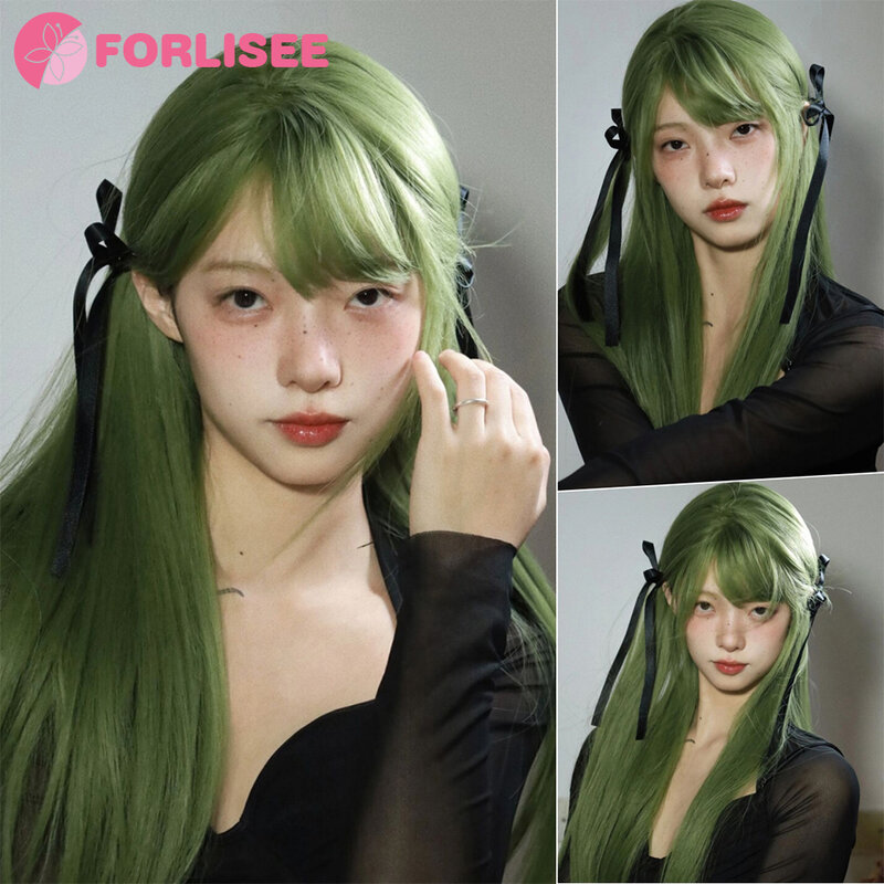 FORLISEE Cosplay peruka z grzywką syntetyczne proste włosy perukę "zielony owoc" o długości 20 Cal
