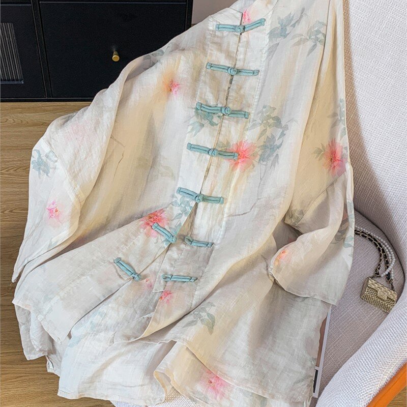 Camisa de linho e algodão estampado estilo chinês feminino, folgada, leve, fina, de comprimento médio, cardigã, roupa de cima, nova