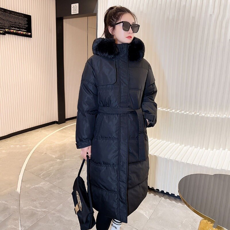 Jaket hangat katun bertudung, mantel bulu wanita versi panjang sedang parka ramping pas badan tebal kerah musim dingin 2023