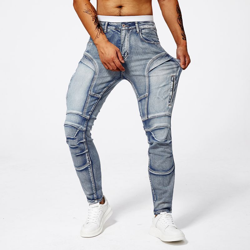New style jeans for men fashion versatile washed straight fitting patchwork with elastic casual minimalist biker denim pants