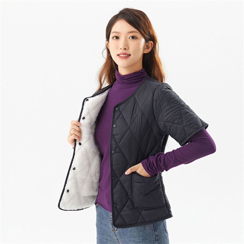 Casaco feminino de lã de manga curta, jaqueta simples, casaco quente de peito único, algodão feminino, outono, inverno, 2024
