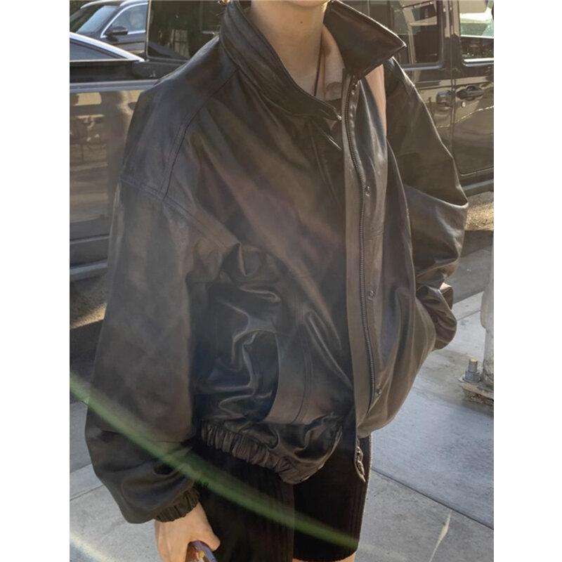 Женская кожаная куртка L0W CL @ SSIC, Женская весенне-осенняя свободная однобортная куртка с воротником-стойкой, Y2k Топы