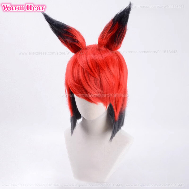 Wig Anime Hotel Alastor dengan telinga Cosplay Wig Anime Wig merah pendek hitam Wig tahan panas rambut sintetis Wig Pria Wanita + topi Wig