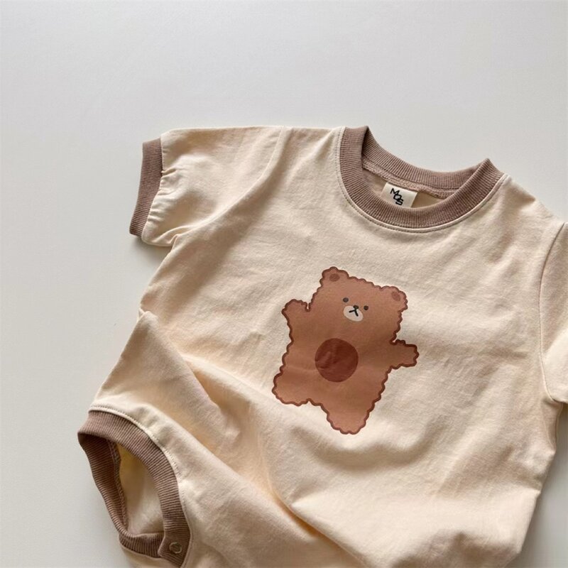 Letnie dzieci dziewczynki chłopcy z krótkim rękawem z nadrukiem niedźwiedź odzież typu Outdoor niemowlę bawełniane kombinezony jednoczęściowe niemowlę body noworodek 유아wi