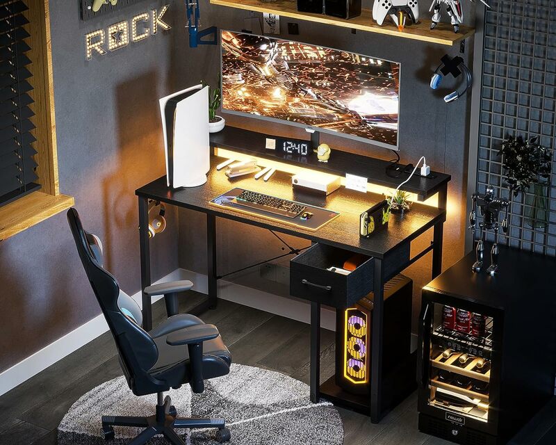 AODK-Bureau d'ordinateur de jeu avec prise de courant et bande lumineuse LED, bureau à domicile de 48 pouces, bureau d'écriture avec étagère de rangement