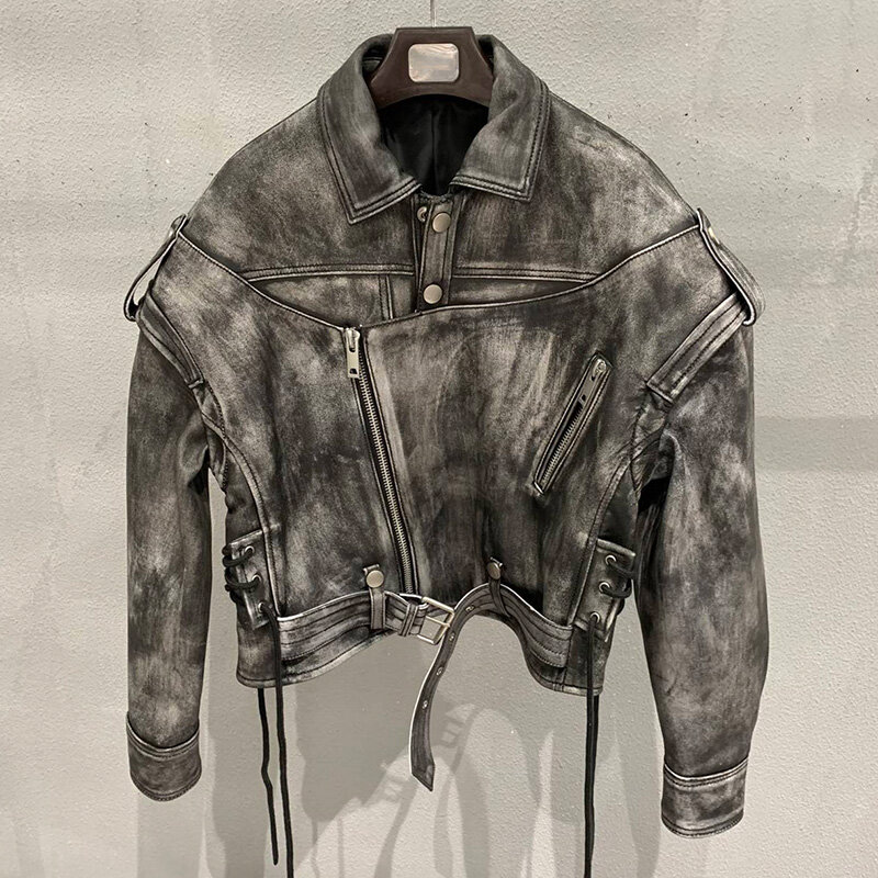 Leather Fashion Moto Jacket Vintage Sheepskin Leather Coat Lady Biker Jackets Distressed Detachable Sleeve QG5466