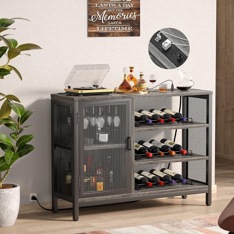 Homieasy Wine Bar Cabinet with Power Outlets, Industrial Coffee Bar Cabinet for Liquor and Glasses, Farmhouse Bar Cabinet with