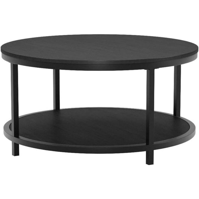 35.8 인치 원형 커피 테이블, 보관 랙 및 견고한 금속 다리, 현대 스타일, 커피 테이블