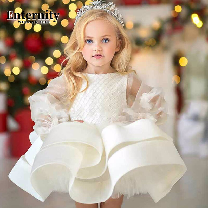 Princesse Enfant Fold O-neck Sequined Flower Girl Dress Illusion Sleeves Ball Gown Knee-length Twinkling Vestidos Para Niñas