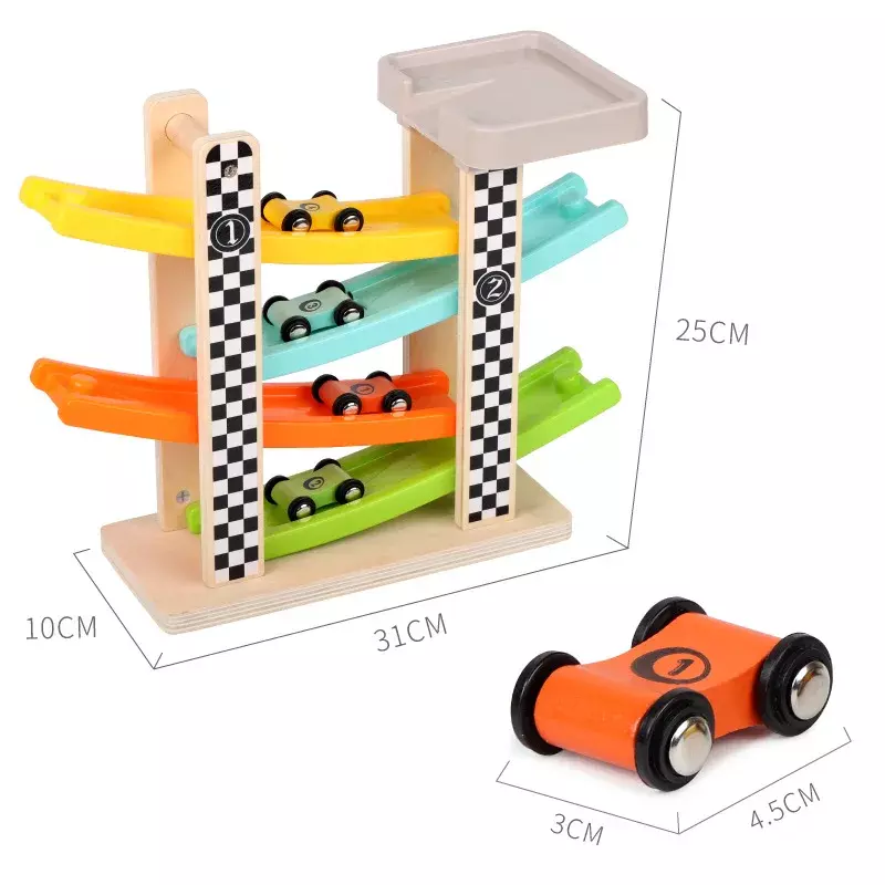 Houten 4 Tracks Slide Auto Voorschoolse Onderwijs Blok Speelgoed Met 4 Auto 'S