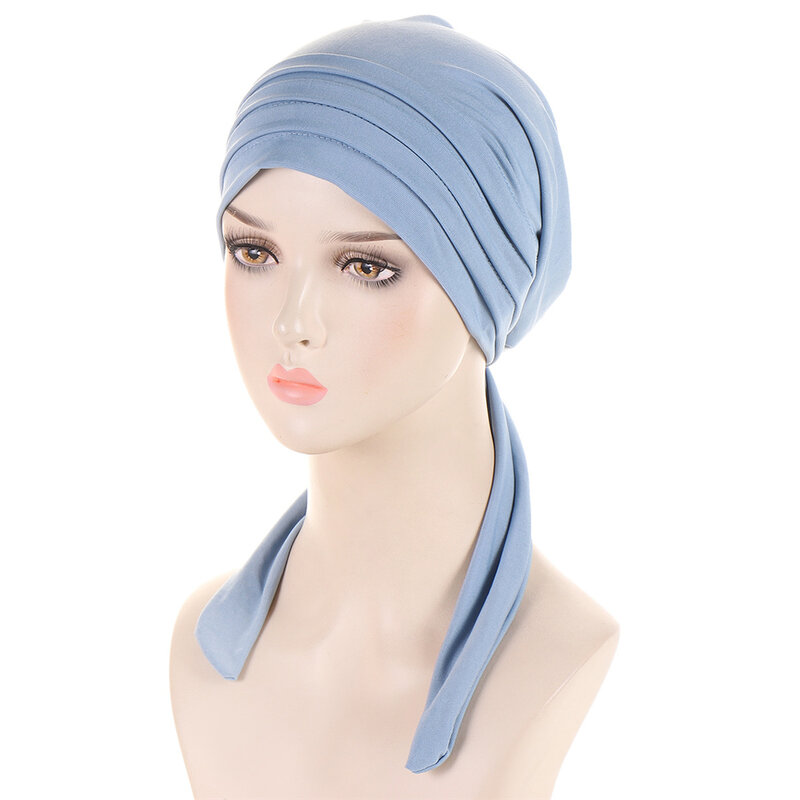 Stretch Solid Wrinkle Turbante para mulheres muçulmanas, Gorros Chemo Câncer Caps, lenço pré-amarrado, headwrap, acessórios chapeados para o cabelo, chapéu monocromático