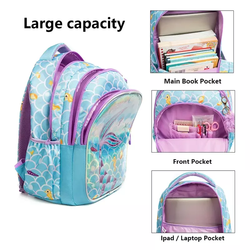 Детский комплект из рюкзака и сумки, водонепроницаемые школьные ранцы для девочек-подростков с рисунком русалки, школьные принадлежности
