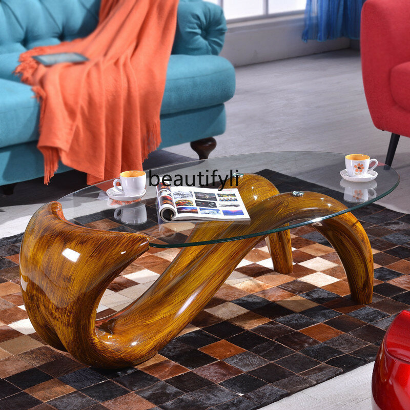 Creative Personality Tea Table Wood Grain Tempered Glass Oval Tea Table