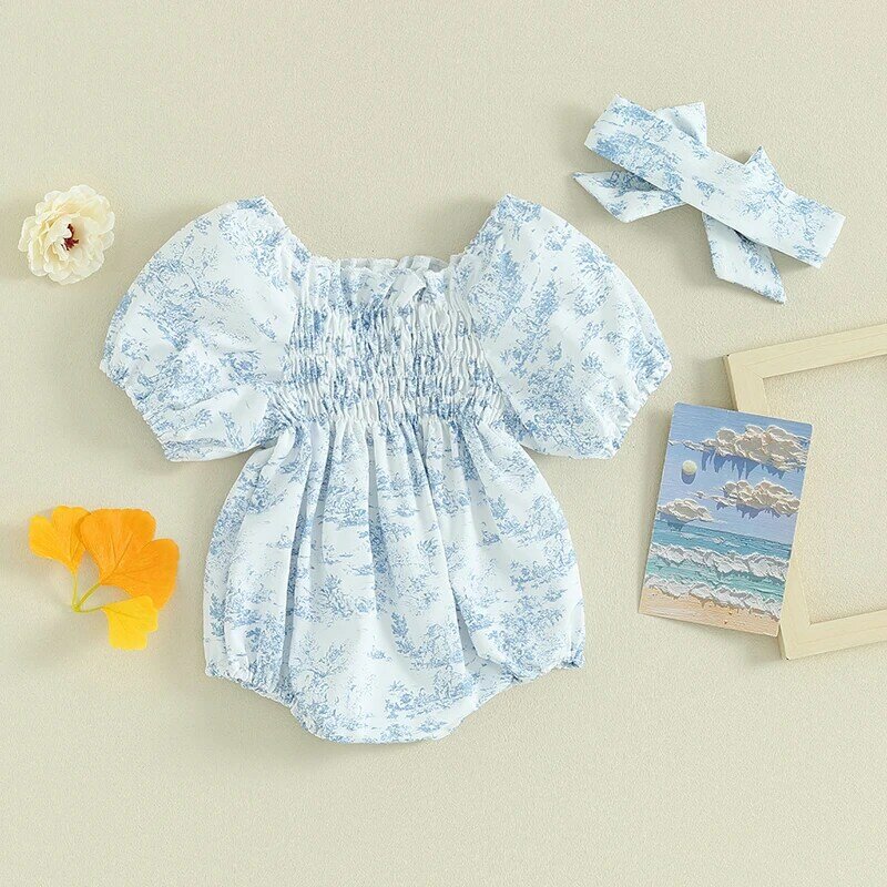 lioraitiin 0-18M Summer Baby Girls Rompers Floral Print Ruched Puff Sleeve Clothes Infant Jumpsuits with Headband