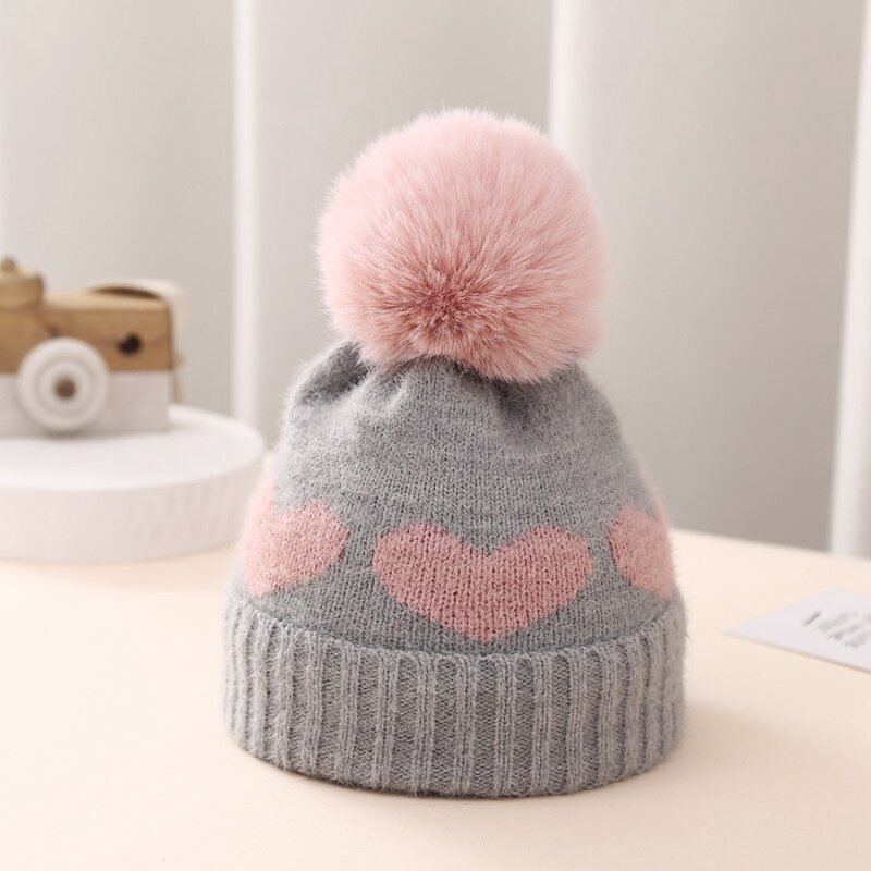 Mała dziewczynka dwuwarstwowa zagęszczona czapka zimowa śliczny wzór w serce pluszowy puszysty czapka dzianinowa ciepły czepek medyczny dla zimna pogoda dziecka
