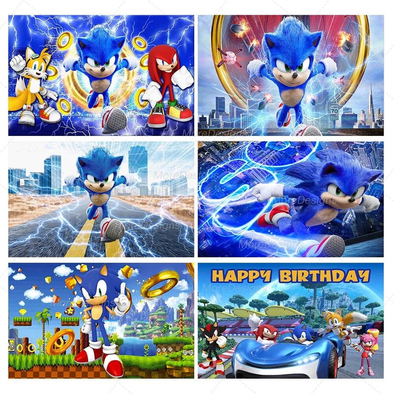 Telón de fondo de Sonic para niños, decoración de fiesta de cumpleaños, personajes de dibujos animados, tela de poliéster de vinilo, cartel de tela