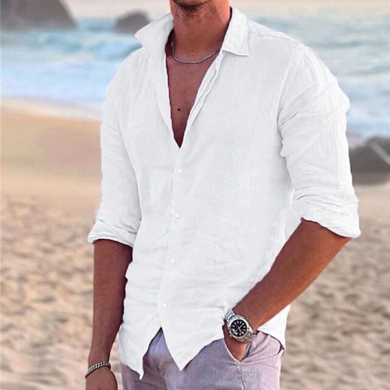 Мужская хлопковая рубашка с длинными рукавами, Повседневная пляжная рубашка-поло из хлопка и льна, однотонная гавайская рубашка для отдыха, новинка 2023