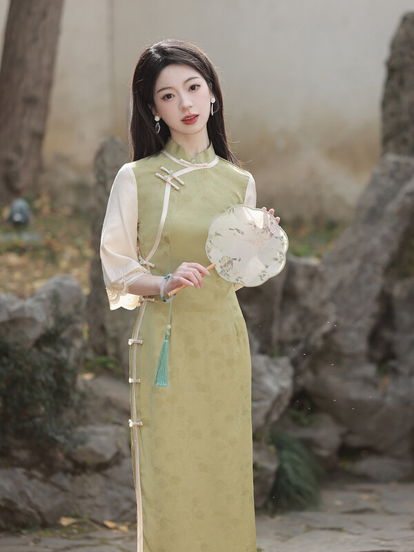 Feminino gola mandarim cheongsam manga curta vintage elegante chinês tradicional alta split qipao oriental vestido