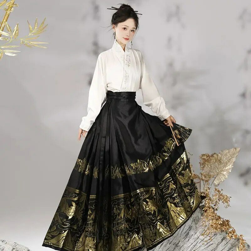 Improved Hanfu Horse Face Skirt Women Chinese Traditional Weaving Gold Hanfu Pleats Skirt Green Blue Black  Sets Plus Size