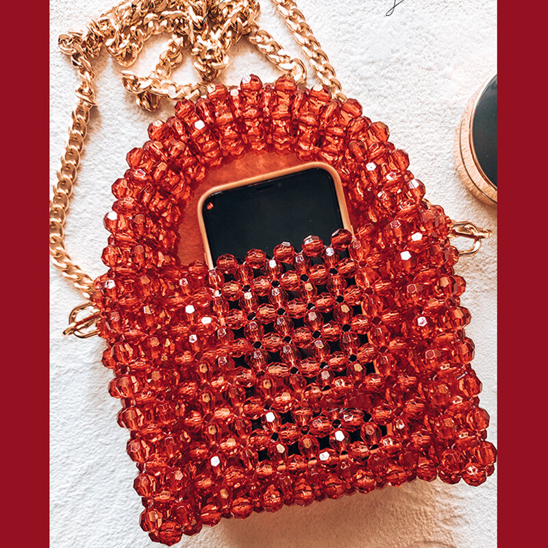 Retro Wine Red Small Acrylic Crossbody Handbag Handmade Beaded Purse High-quality Female Bolsos Transparentes Clear Purses