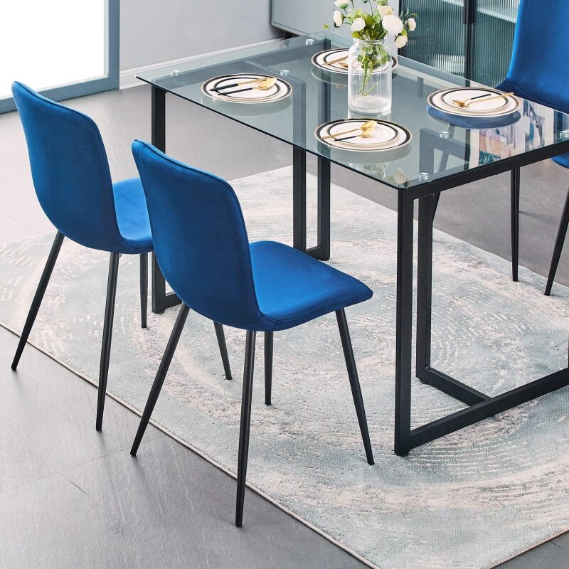 Set meja makan untuk 4, atasan kaca persegi panjang Modern & 4 kursi makan untuk ruang kecil ruang apartemen (biru)