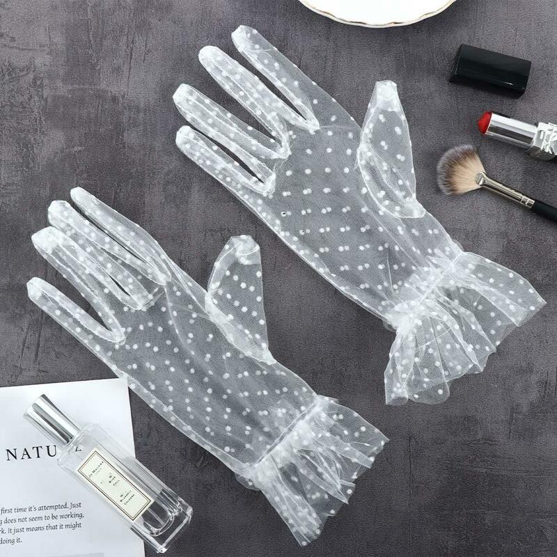 Autumn Summer Mesh Lotus Leaf Stretchy Driving Cycling Polka Dot Gloves Lace Gloves Women Lace Gloves Korean Style