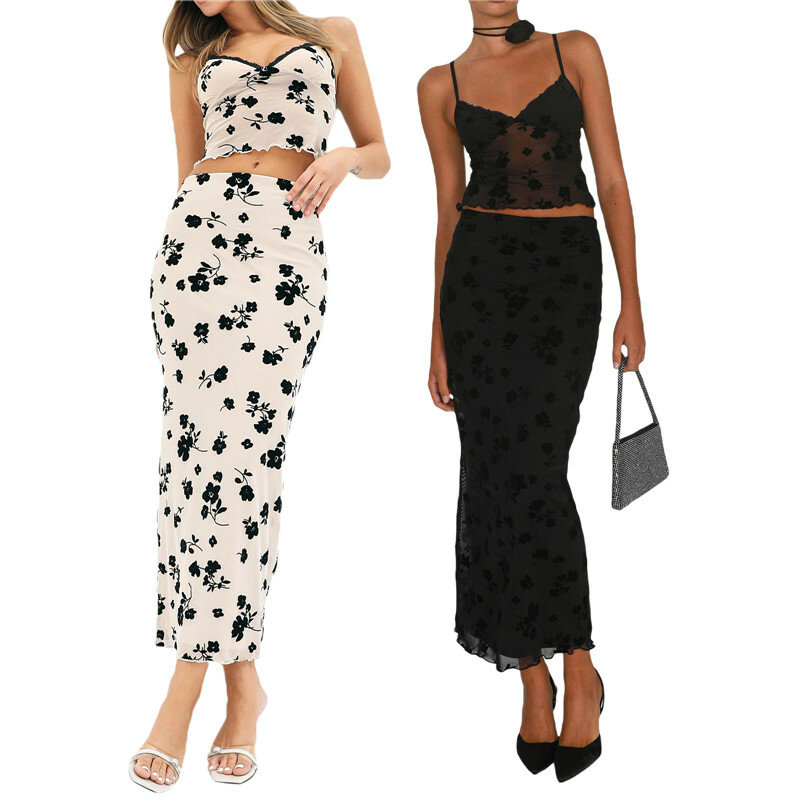 Women Summer 2 Pieces Skirt Sets Outfits Flower Print V-Neck Spaghetti Strap Sling Tank Tops Wrapped Hip Long Skirts Suit Y2K