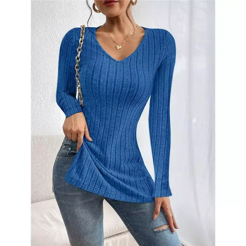 Autumn and Winter Women's Solid Colour Big Size Tops V-Neck Long Sleeve Pit Stripe Milled Causal Loose Female T-Shirt