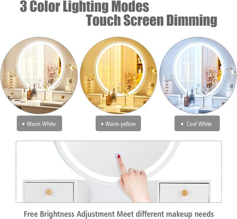 CHARMAID Vanity Set with Lighted Mirror, 3 Color Touch Screen Dimming Mirror, Adjustable Brightness, Bedroom Makeup Dressing