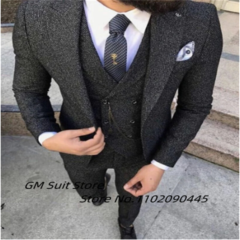 Traje de 3 piezas con cuello de solapa en punta para hombre, esmoquin delgado de alta calidad para boda, traje de graduación para hombre (chaqueta + chaleco + Pantalones)