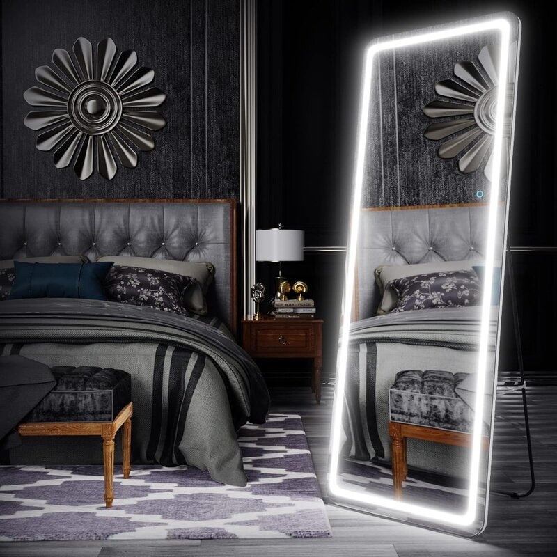 Full-Length Spiegel Met Verlichting, Slaapkamer Hoge Full-Size Body Spiegel Verlichte Spiegel, Vrijstaande Aan De Muur Gemonteerde Hangende Spiegel