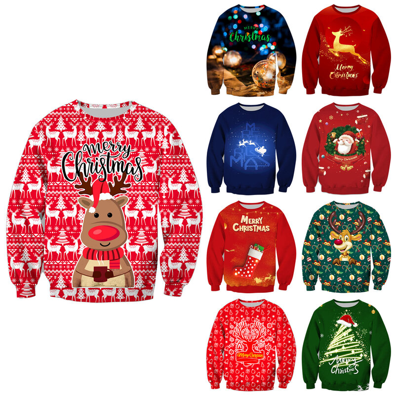 Christmas Print Long-sleeved Sweatshirt Casual Blouse Knitting Pullover Sweater Top Jumper