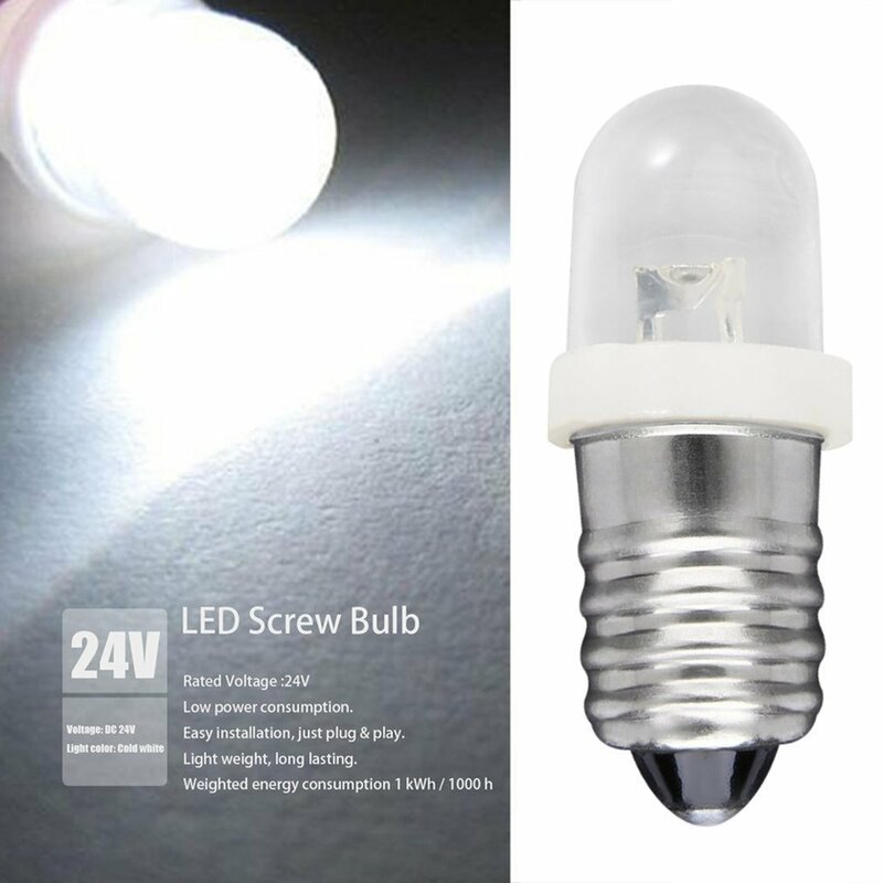 Lâmpada indicadora LED Screw Base, peso leve, baixo consumo de energia, branco frio, 24V DC lâmpada de tensão operacional, soquete E10, 30mA