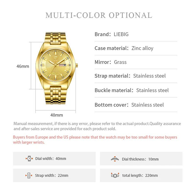 LIEBIG-Relógios de luxo para homens e mulheres, Dourado, Moda, Relógios, Data, Impermeável, Quartzo, Relógio de pulso, Relógio, Masculino
