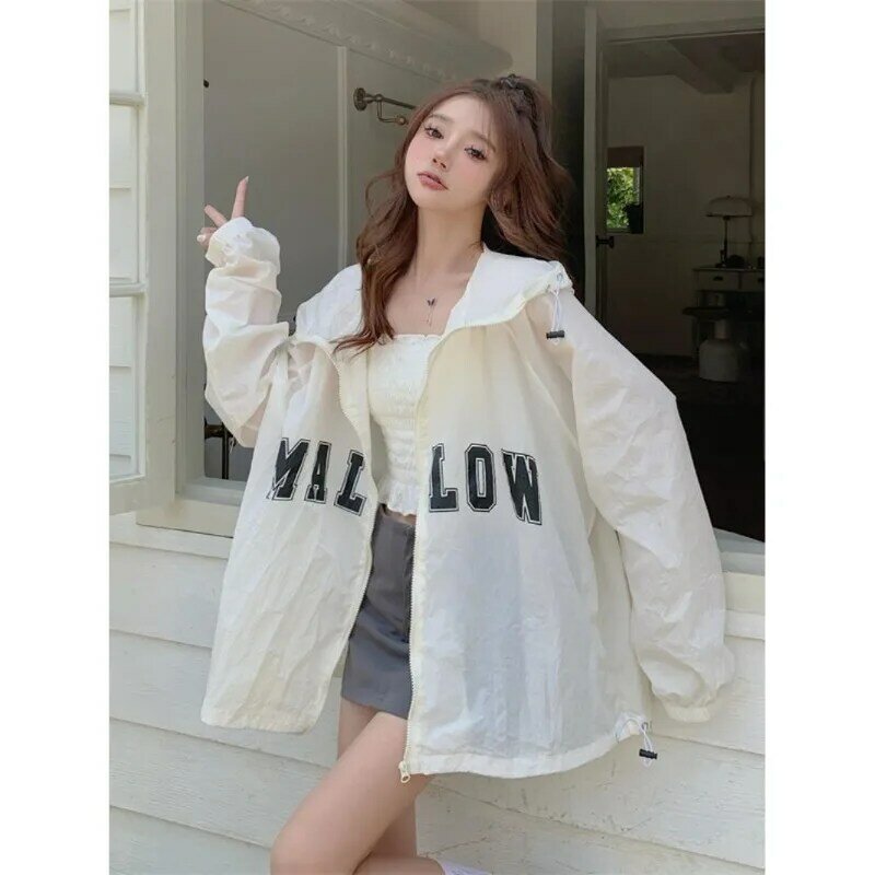 hooded Sun protection clothing female all-match loose Lazy wind summertime white. thin ventilate cardigan coat skirt sets 2023