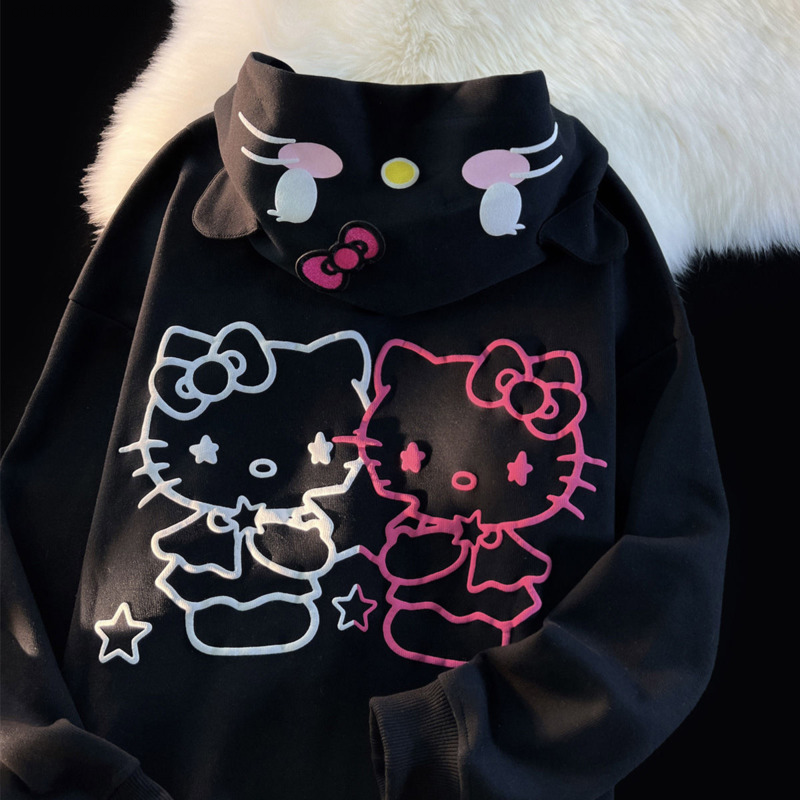 Sanrio Hello Kitty kardigan imut Hoodie wanita longgar kebesaran Sweater berkerudung Yk2 bergaya Jepang Sweashirt Kawaii Lolita Hoodie