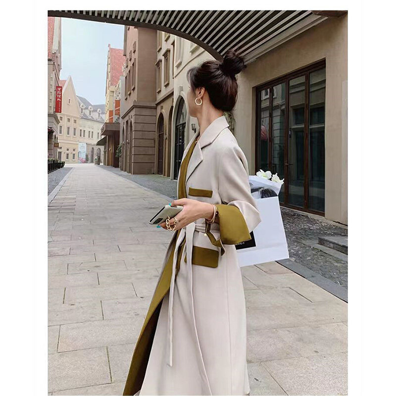 2022 Spring And Autumn New High-end Design Sense Beige Women's Mid-length Casual British Style Goddess Fan Suit Trench Coat